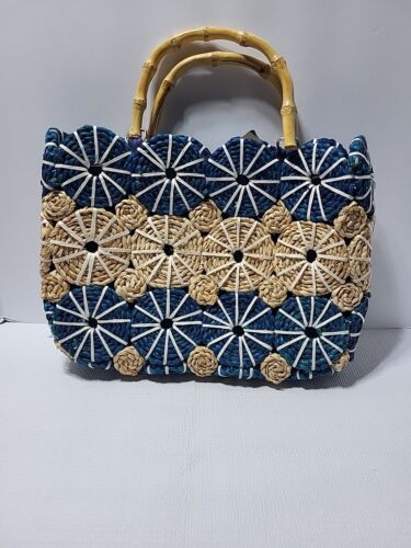 Rattan, Straw & Bamboo Handbag Bag Satchel Blue & Natural Beach Tote 13"x9.5"