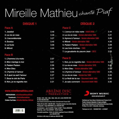 Mireille Mathieu - Chante Piaf (2023) 2 LP Vinyl - Picture 2 of 2
