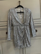 RESA Kylie Mini Sequin Dress V Neck Long Sleeve Silver Small NWT