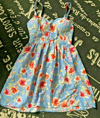 New BAND OF GYPSIES Sz S Blue Pink Floral SUN DRESS Mini Elastic  CottageCore | eBay