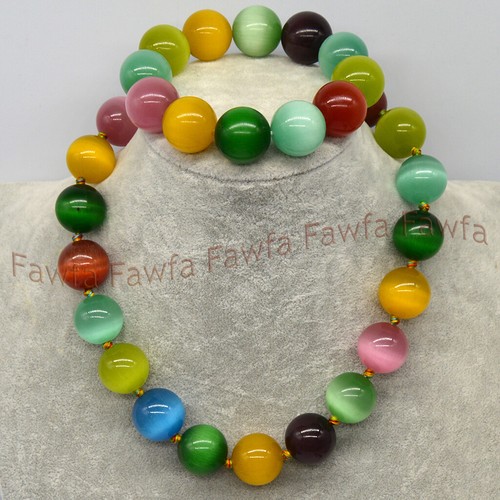 Multi-Color Opal Cat's Eye 20mm Round Beads Necklace 18'' Bracelet 8-8.5'' Set - Picture 9 of 17
