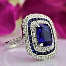 14.50ct Cushion Blue Sapphire Double Halo CZ Wedding Bridal Ring 925 Fine Silver