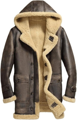 Men`s RAF Trench Coat Brown Real Sheepskin Shearling Leather Jacket