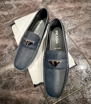 $1150 PRADA Saffiano man Leather Driving Loafers baltico Blue