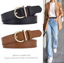 Women's Leather Casual Dress Plain Solid Colors Belt Silver Buckle Ladies New