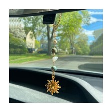 Sun Hanging Car Charm,Green and Gold Rear View Mirror Accessories Cute Boho D...