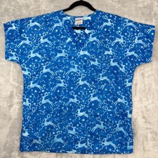 SCRUBS Scrub Christmas Top Blue Reindeer Print Holiday Festive V-Neck Medium