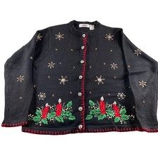 Victoria Jones Black Christmas Candle Beaded Embellished Cardigan Sweater Medium