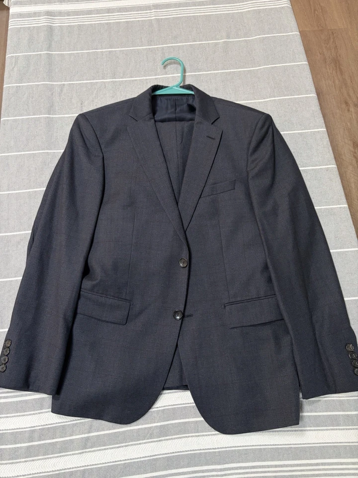 Hugo Boss 2 Piece Blue Gray Suit 40S Burgundy Plaid Cashmere Blend 34x29 - Image 2 of 4