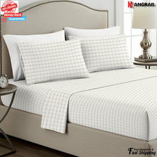 King Single Cotton Flannel Sheet Set 3 Piece Soft Warm Brown Beige Plaid