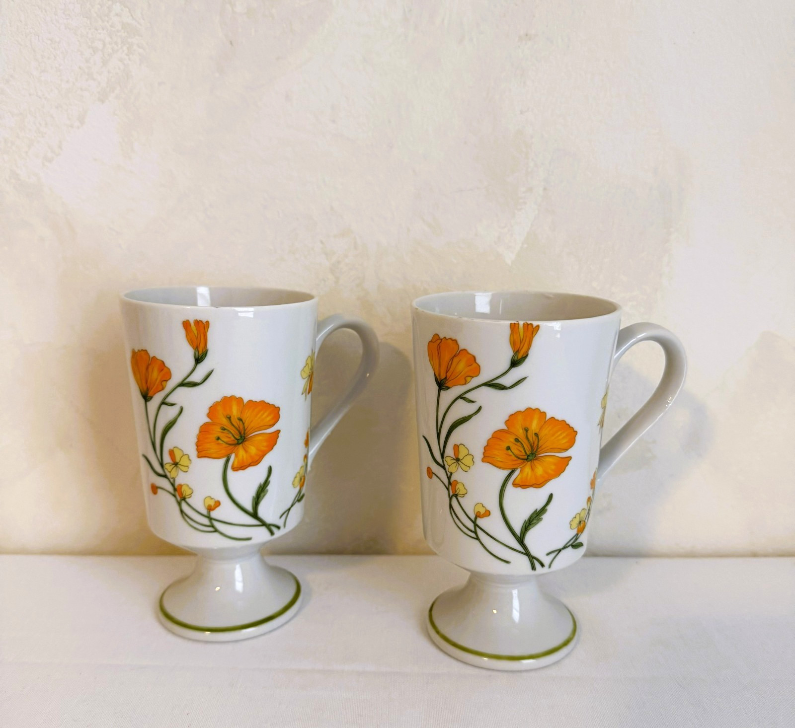 Vintage Footed Pedestal Flower Mugs Orange Poppies Coffee Teacups Set of 2