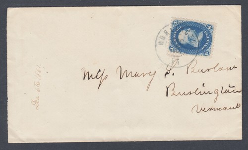 US Sc 63 on 1861 cover, 25mm black BURLINGTON, VT cds ties 1c blue Franklin - Picture 1 of 2