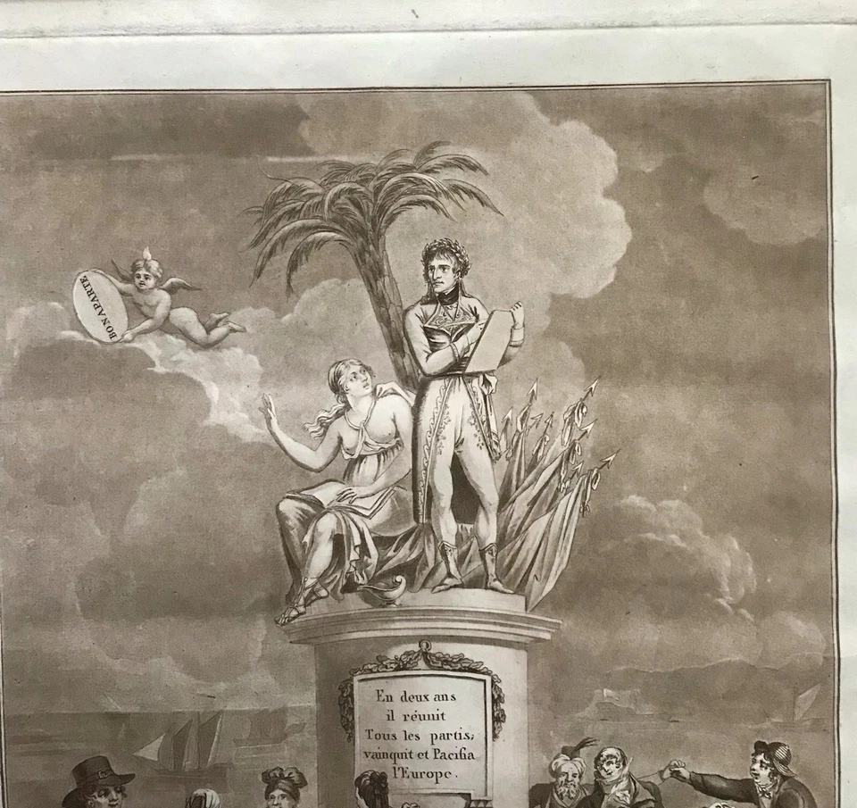 GRAVURE ANCIENNE ALLÉGORIE PAIX D’AMIENS 1802 CONSULAT NAPOLEON BONAPARTE BISTRE - Photo 3/4