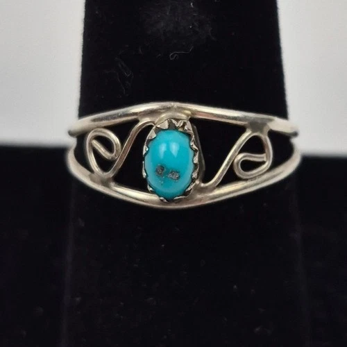 Vtg Turquoise Stone Ring Size 9 Silver Tone Swirl Pattern Boho Southwestern