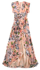 Eliza J Pink Green White Floral Cap Sleeve V-Neck High Low Maxi Dress Size 0