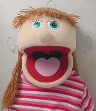 Silly Puppets Emily Peach Girl 15" Hand Puppet With Long Yarn Hair Striped Shirt