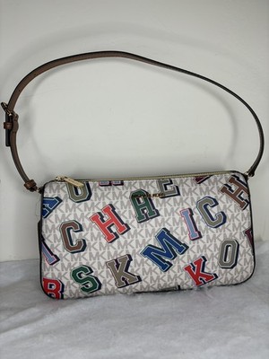 Michael Kors Jet Set LG Pouchette Shoulder Bag NWT Varsity Letter Vanilla Logo