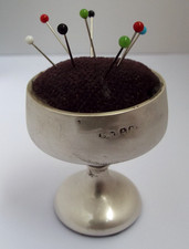 LOVELY ENGLISH ANTIQUE 1919 SOLID STERLING SILVER NOVELTY GOBLET PIN CUSHION