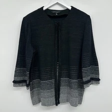 Ming Wang Cardigan Jacket Large Knit 3/4 Sleeve Natural Fringe Sparkle Holiday