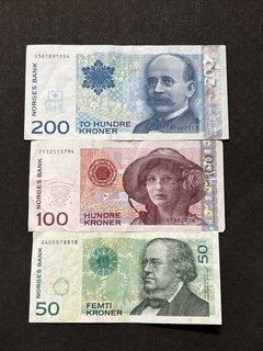 Set Of Bank Of Norway 50 100 & 200 Kroner Banknotes Older Series Lot 2