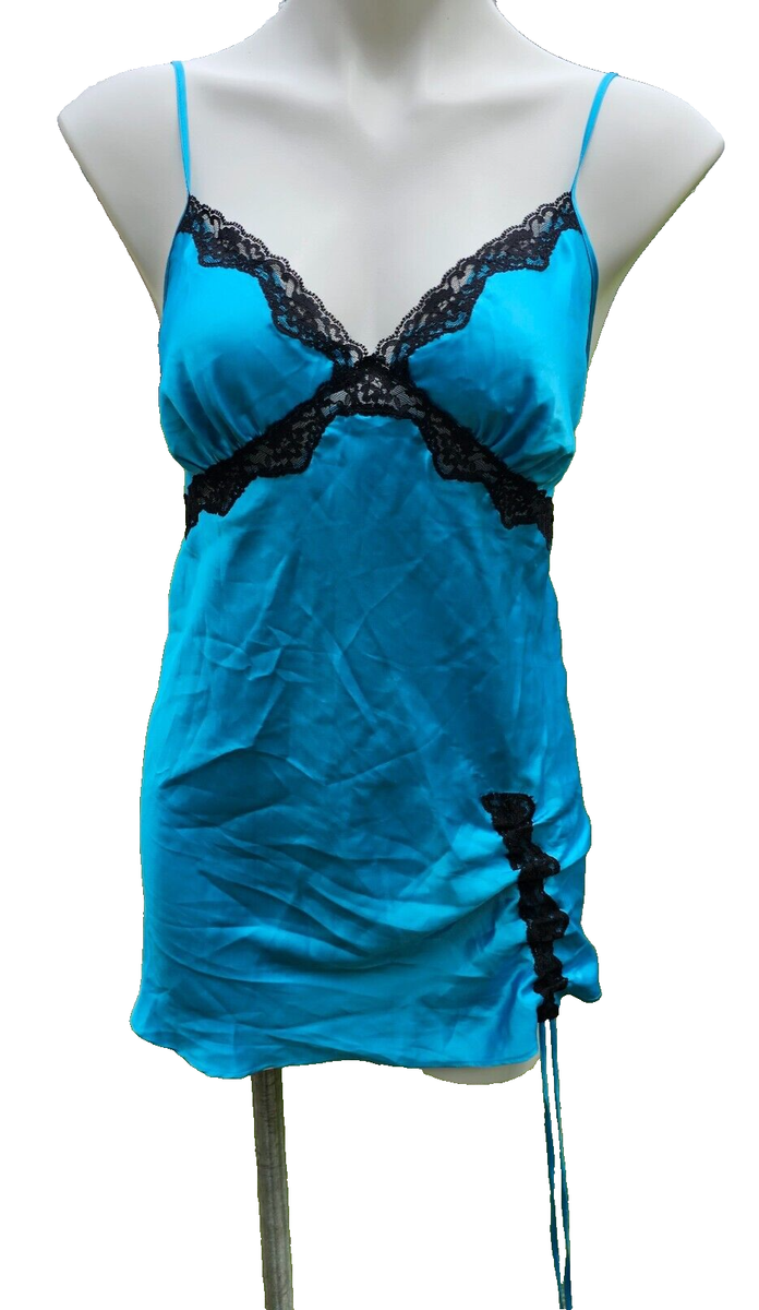Vintage Victoria's Secret 2003 Blue Satin Black Lace Chemise Slip Gown L  Large