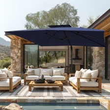 9x 12ft Outdoor Umbrella Patio Umbrella Carbon Steel Market Umbrella w/Base Blue