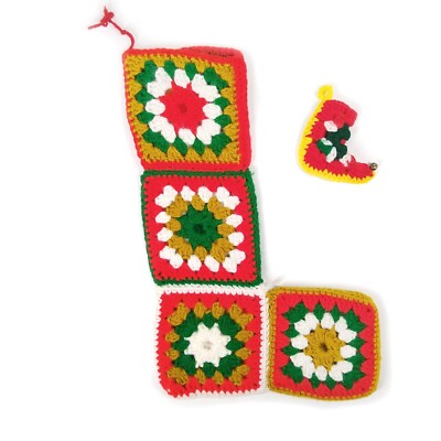 Vintage Crochet Xmas Stocking Ornament Set Handmade Granny Squares 70s 17x11