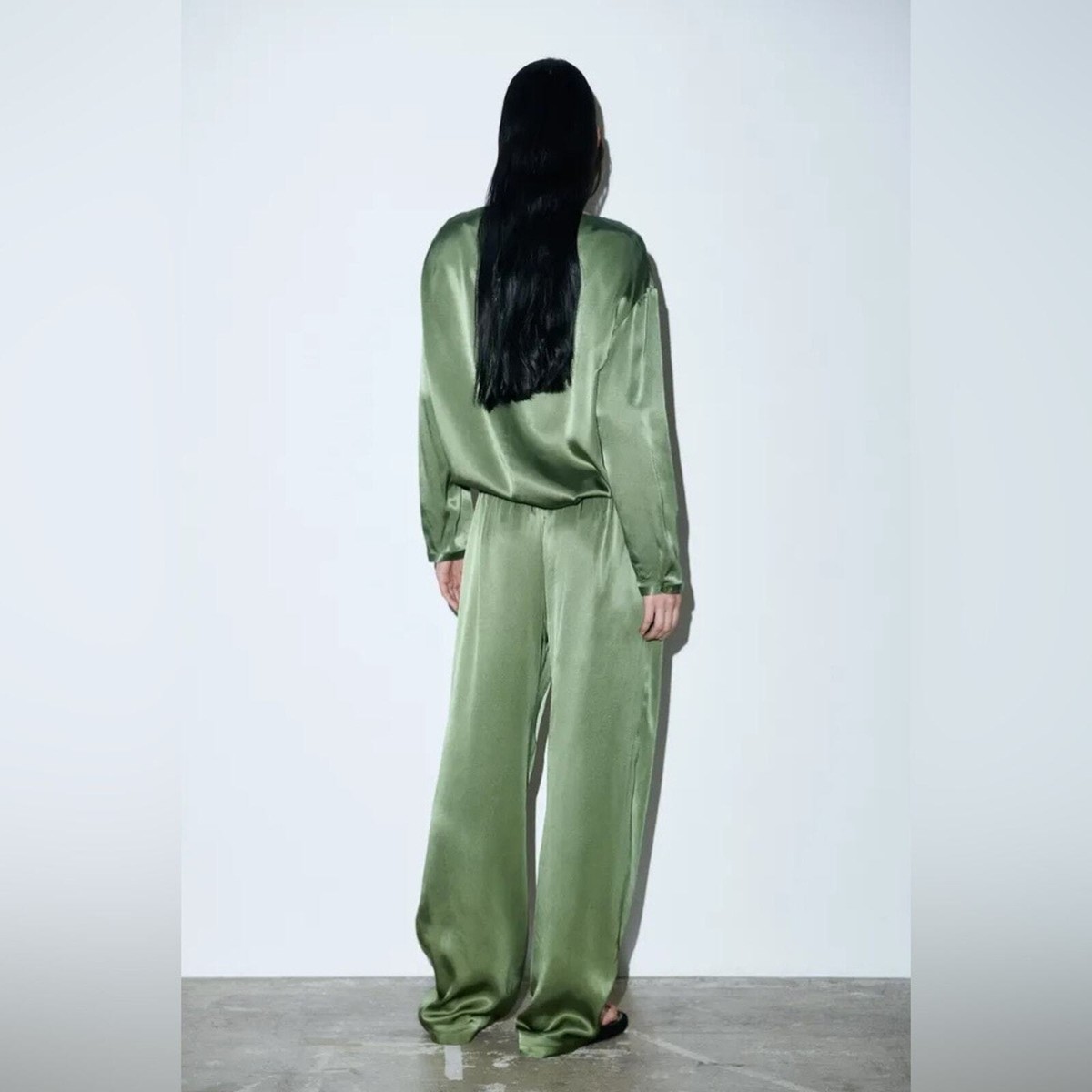 NWT Zara Satin Effect Green Long Sleeve Shirt and Pants Matching  display picture 1