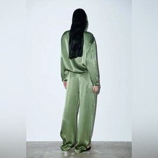 NWT Zara Satin Effect Green Long Sleeve Shirt and Pants Matching Set