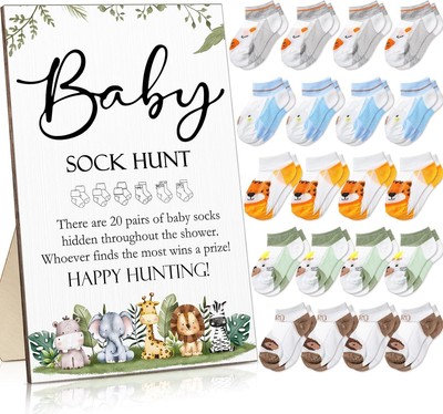 21 Pcs Baby Shower Games Include Baby Sock Hunt Sign and 20 Pair Animal Theme