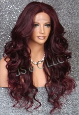 Human Hair Blend Full Mono Lace Front Wig Wavy Burgundy mix Heat OK WBSG 1B-burg