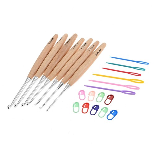 Portable Beech Wood Handle Crochet Hooks Set Case Knitting Needle Stitch Markers - Picture 4 of 20
