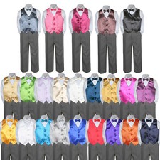 4pc Formal Dark GRAY Pants Shirt Set Satin Vest Bowtie Boy Baby Toddler S-7