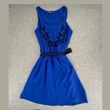 Express Belted Dress Blue Ruffled Scoop Neck Sleeveless Lined Elegant Formal
