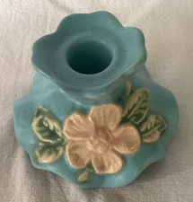 Vintage Weller Art Pottery Candle Holder Blue w/ Pink Wild Rose 2 3/4" x 4"