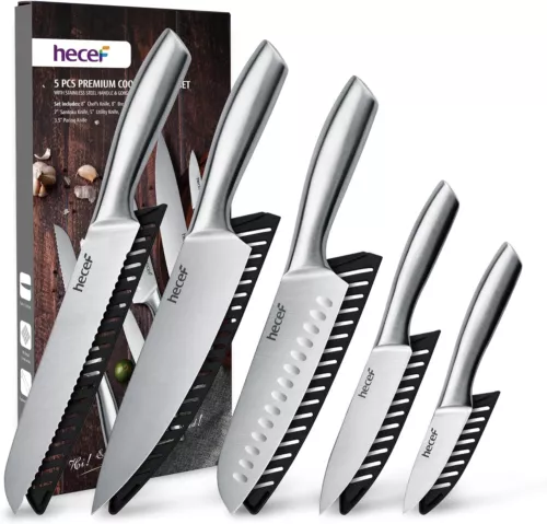 5Pcs Kitchen Knife Set Stainless Steel Ultra Sharp All Metal Chef Knives w/Cover