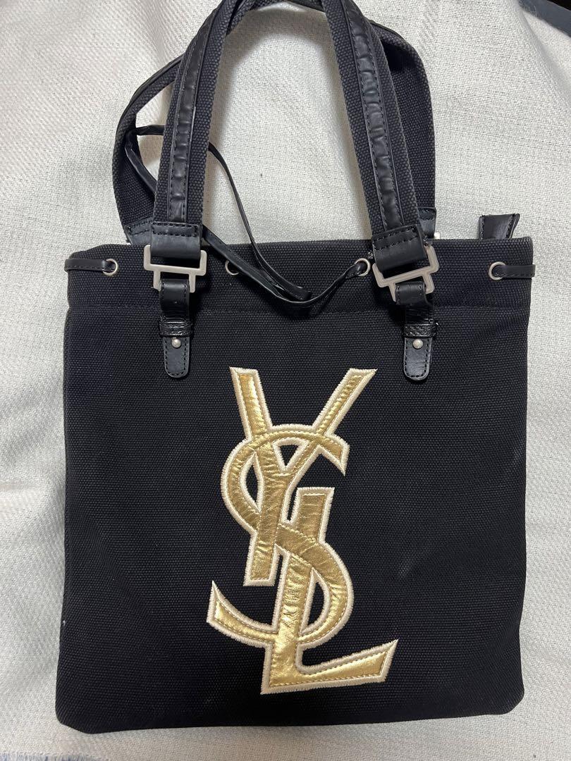 Autentica borsa tote Yves Saint Laurent nera borsetta tela cosmetici logo oro