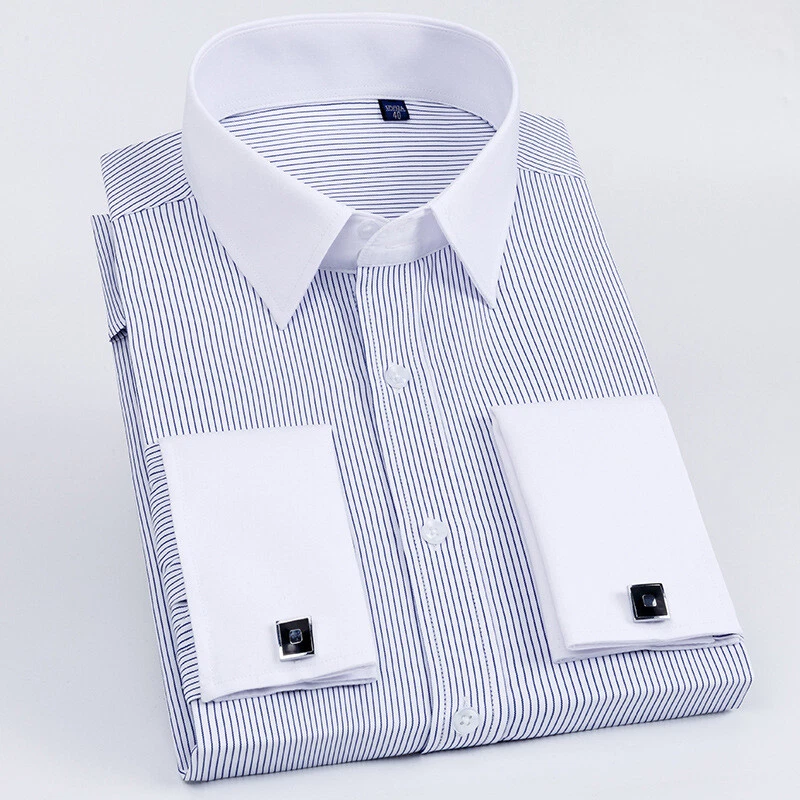Camicie eleganti uomo polsino francese lusso slim fit il colletto bianco camicie business - Immagine 4 di 4