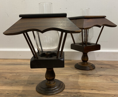 Vintage Wooden Candle Holder with Chimney Shade Set 2 Lights Lamps Rustic Decor