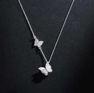 Super Adorable Silver SP Double Butterflies Pendant Chain Necklace