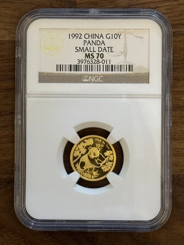 1992 MS70 China Gold Panda Small Date 1/10 oz G10Y 10 Yuan NGC Perfect Coin!