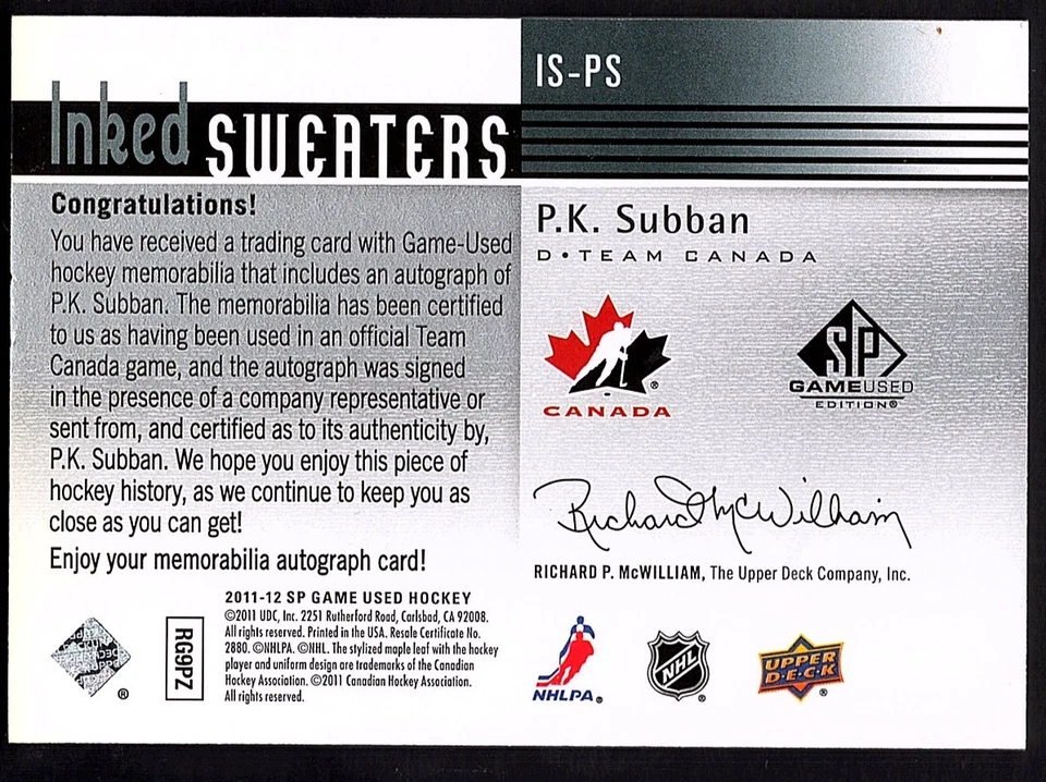 P.K. SUBBAN 2011-12 Upper Deck SP Game Used Inked Sweaters AUTO JERSEY Canada - Image 2 of 2