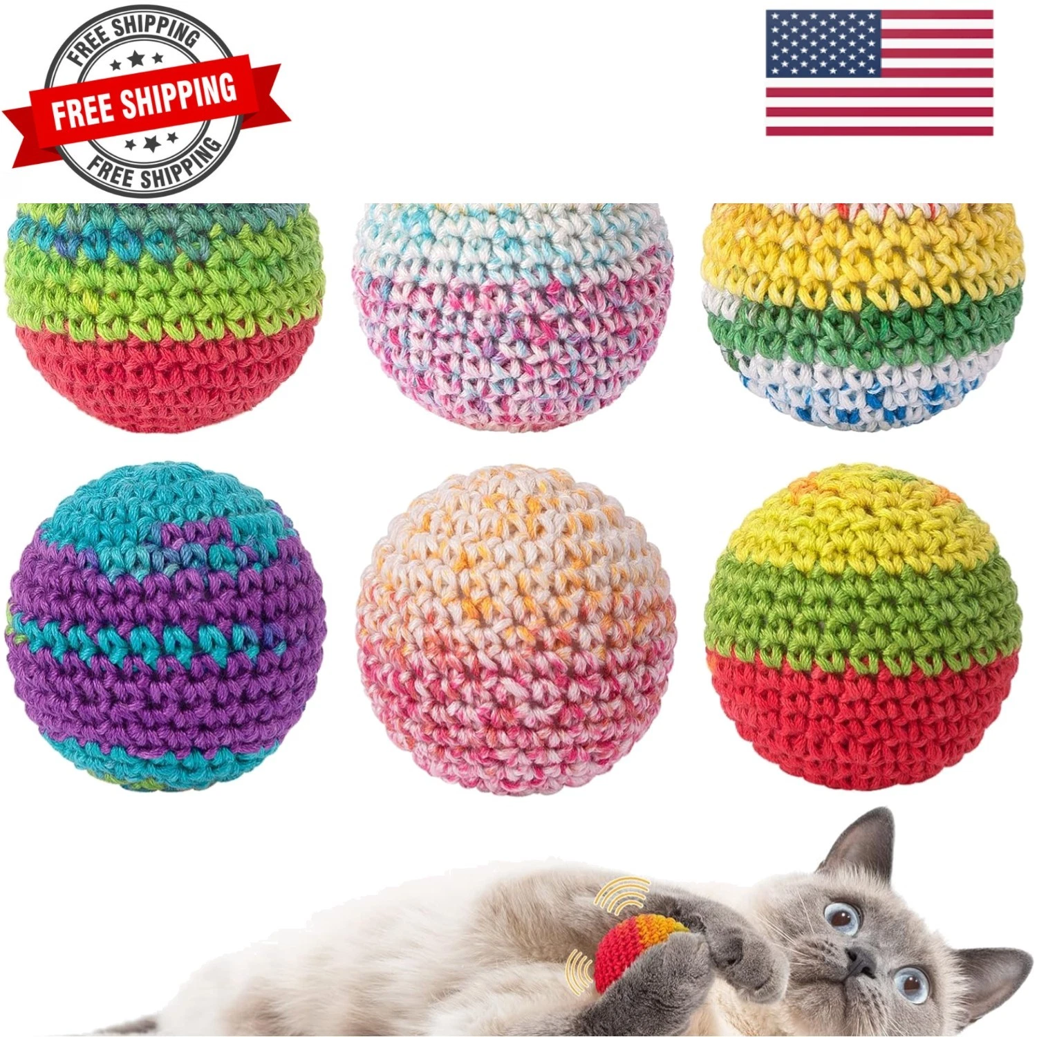 6 Pack Cat Toys Balls with Bell Inside, Handmade Crochet Soft Woolen Yarn Int...