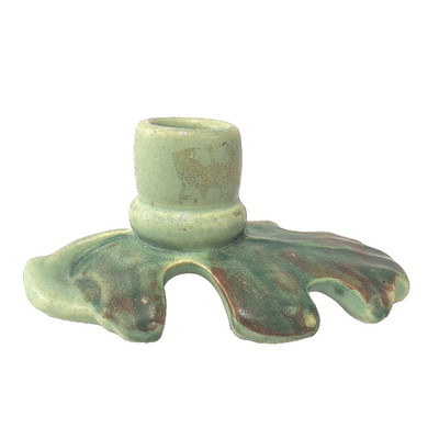 Vintage Oak Leaf Candle Holder Arts Crafts Green Pottery Ohio Antique