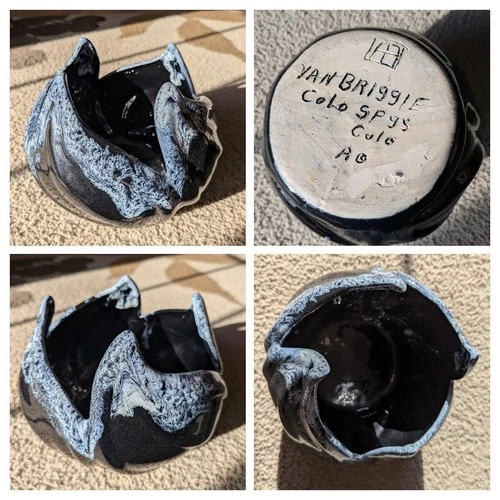 (c. 1980s) Signed Anna Van Briggle Pottery Vase Planter Tulip w/ Blue Drip Glaze