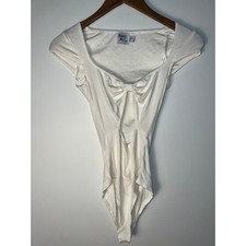 Princess Polly Bodysuit Wm 2 White Ribbed Bow Front Keyhole Cap Sleeve Feminine