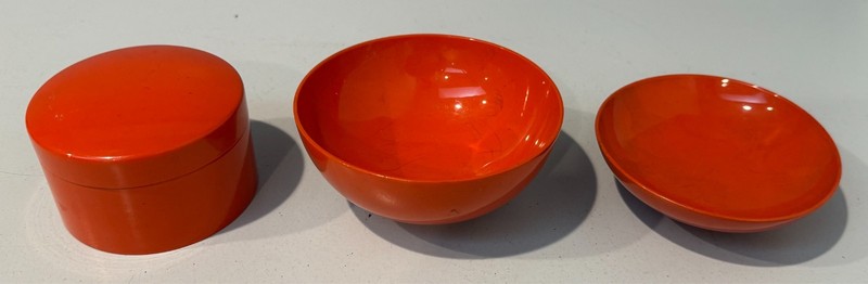 Vintage Takashimaya Japan 6 Orange Coasters Set in Canister Box, and 2 Bowls