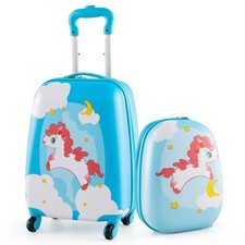 12in+16in Kids Travel Luggage Set Blue Unicorn ABS+PC Hard Shell Orange