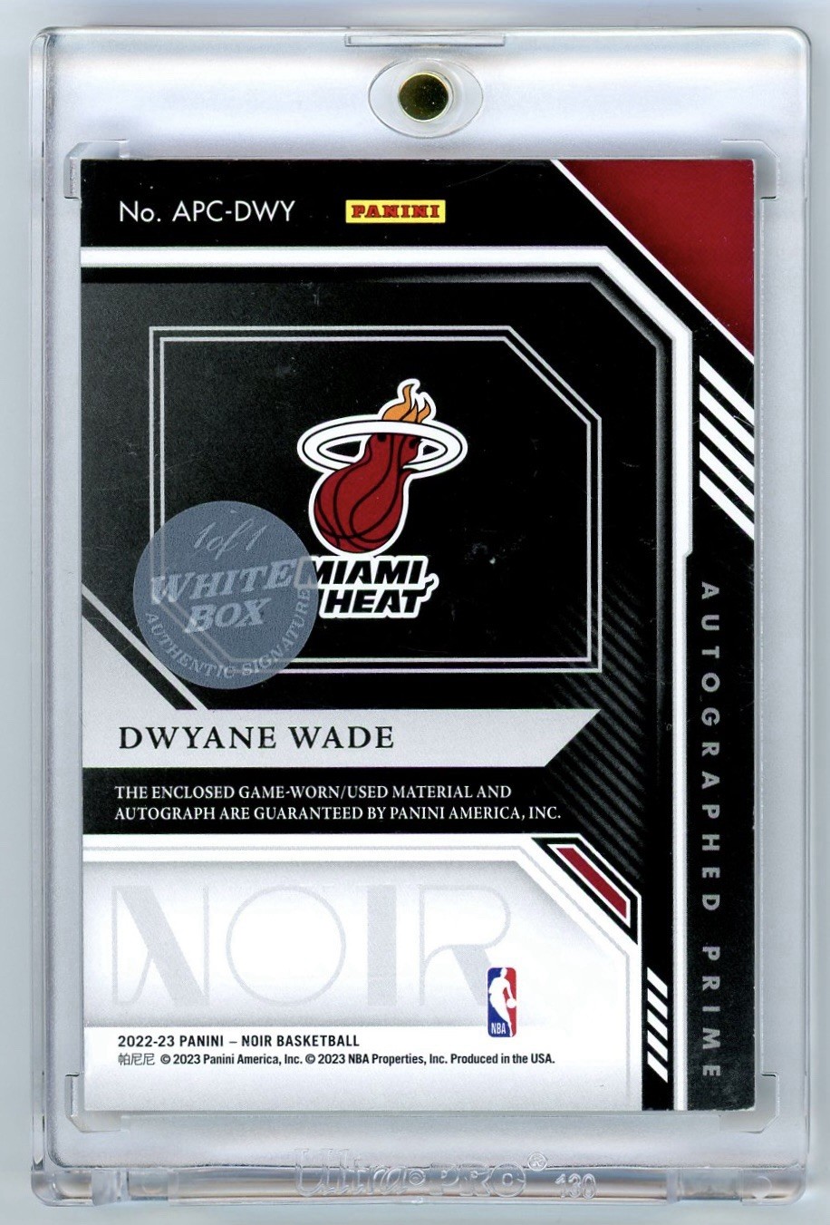 2022 Panini Noir Dwyane Wade Game Used Prime Patch On Card Auto White Box 1/1 view 2