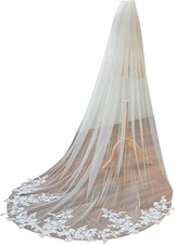 Chapel Length Floral Lace Wedding Bridal Veil with Metal Comb White